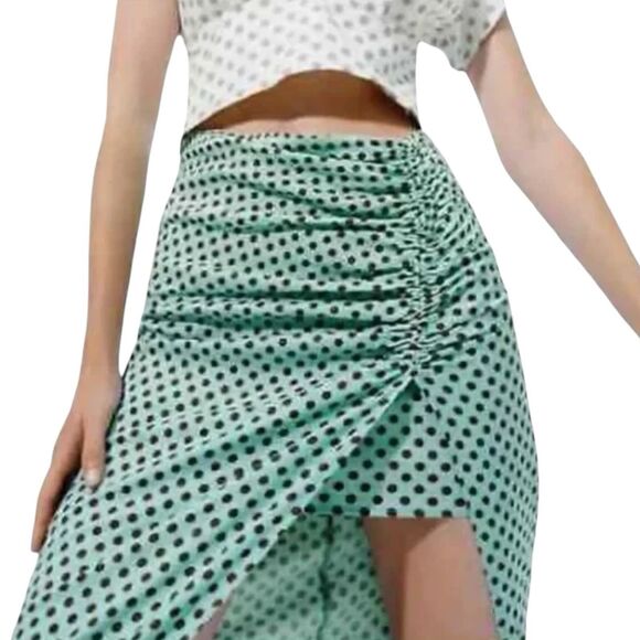 Zara Skirt WMNS XS Green Linen Polka Dot Slit Ruched Mini Pin Up Rockabilly Sexy - Picture 2 of 10